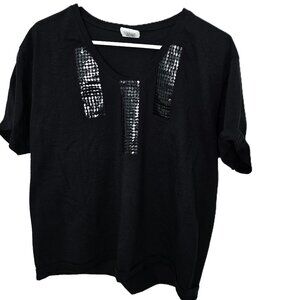 Lat Sportswear Tee Black Sequin T-Shirt - Sequined Top - Womens Size Large